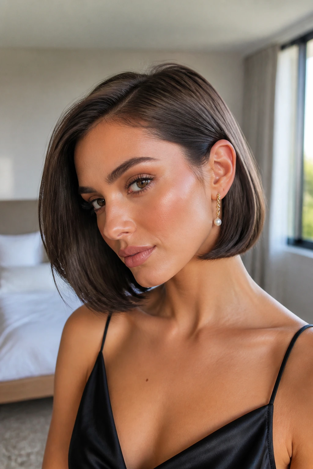 Close-up of a real woman with a short bob tucked behind the ear showing a satin finish.