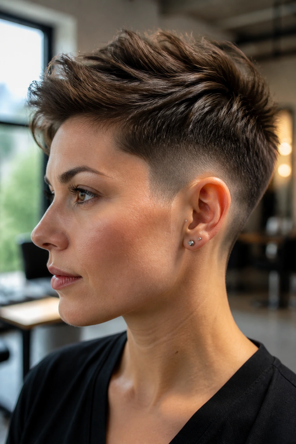 Close-up portrait of a real person with short hair and undercut, showing crisp perimeter.