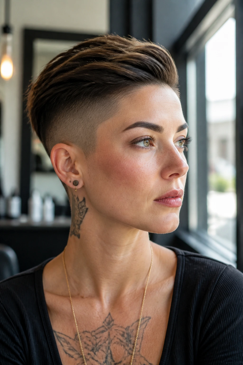 Close-up portrait of a real person with a sharp short haircut featuring shaved sides in a modern salon