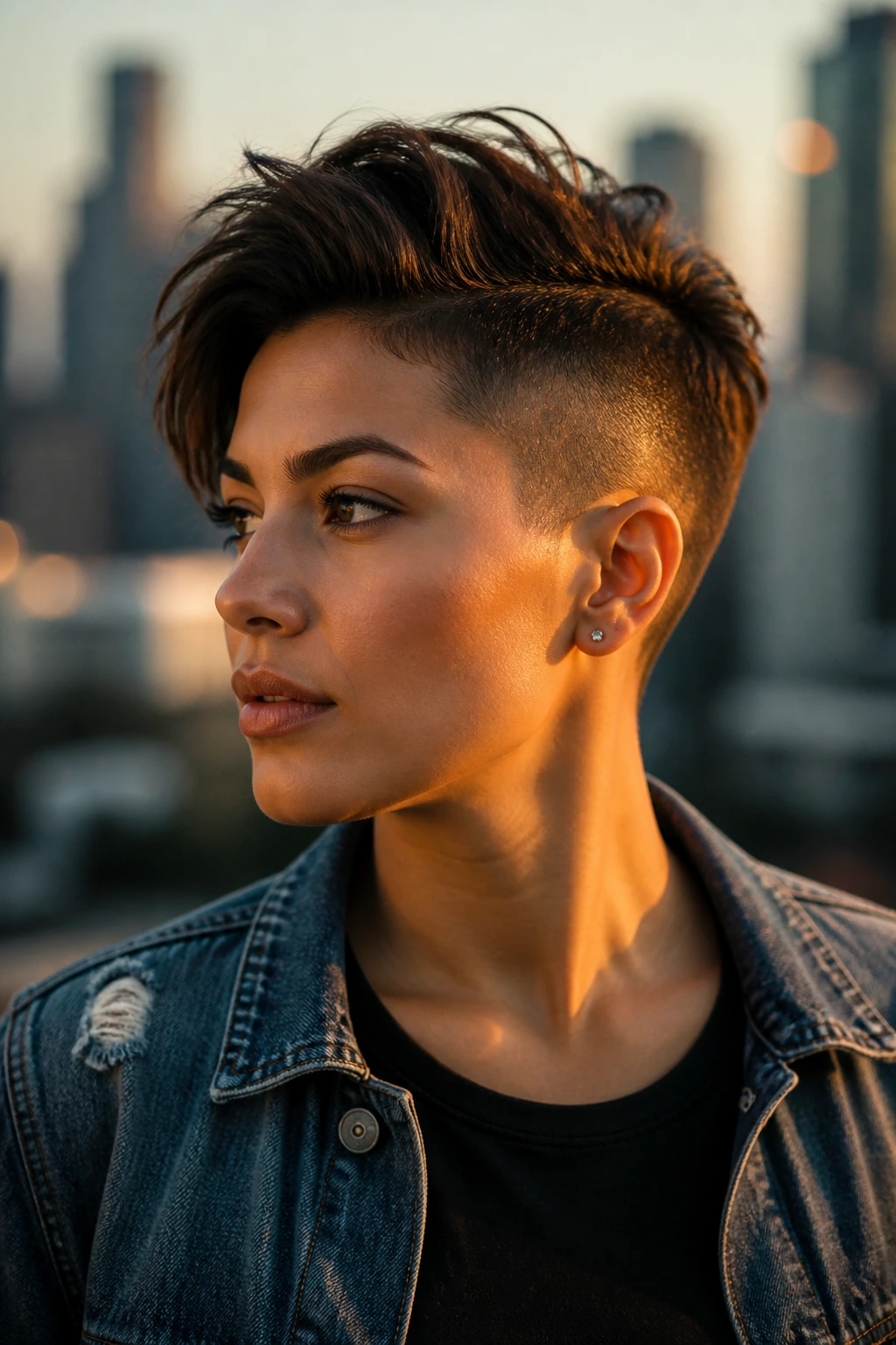 Close-up portrait showing short hair with undercut silhouette on a real person