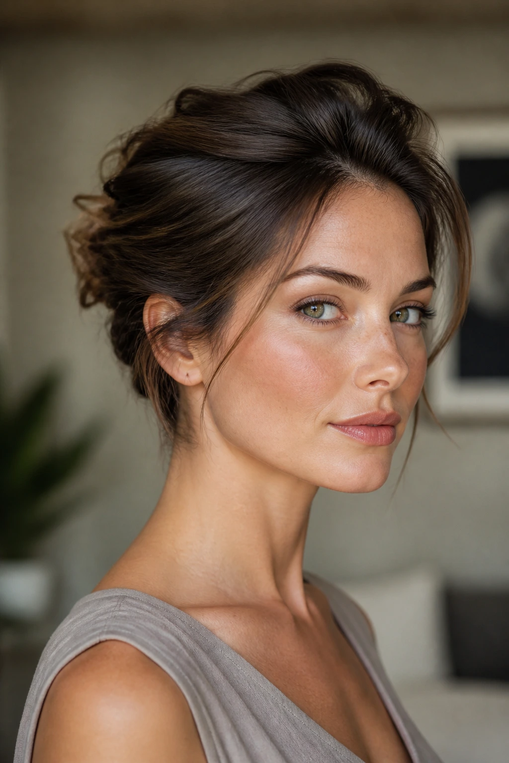 Portrait showing strong facial bone structure with a short updo.