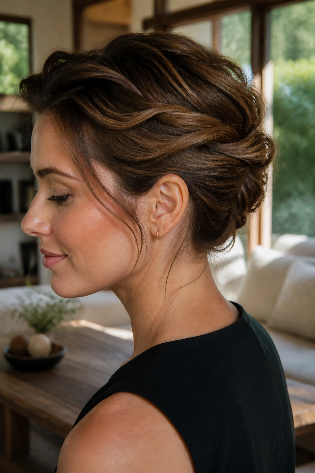 Close-up portrait of a real woman with a chic short-hair updo showing texture and structure.