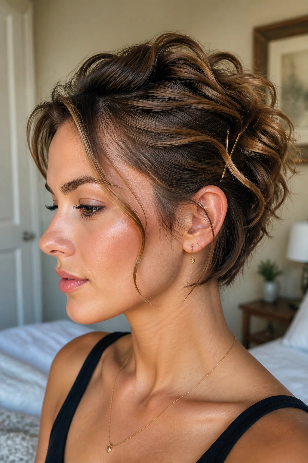 Close-up of a real person with a short updo showing texture and pins