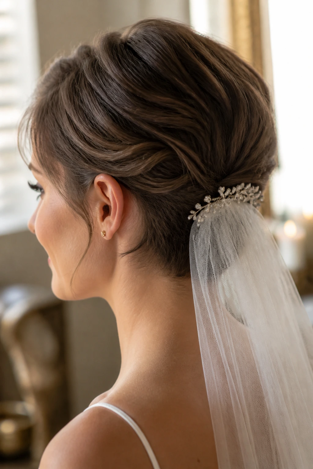 Close-up portrait of a real woman with a tucked updo and veil accessory at the nape