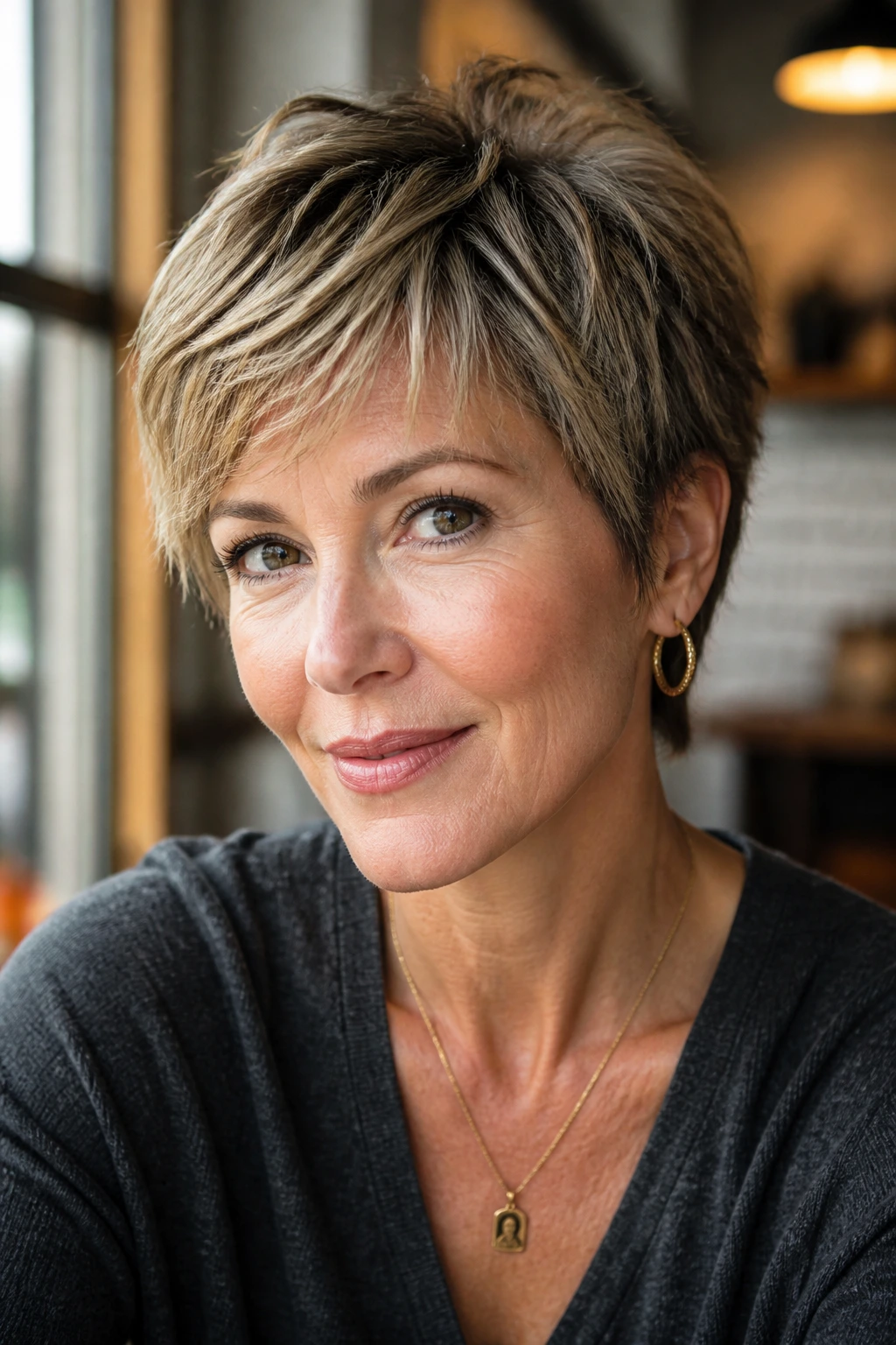 Portrait of a real woman with a short textured haircut showcasing versatile variations in a cozy cafe setting