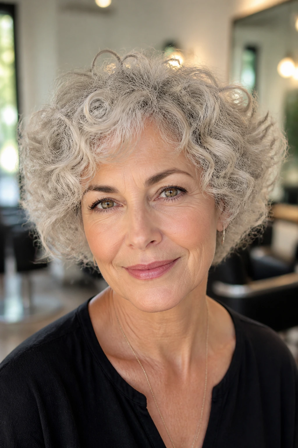 Portrait of a woman with short silver curly hair in a bright setting