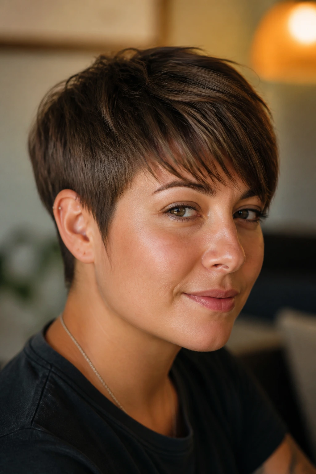 Portrait of a woman with soft femme sweep variation of a short haircut