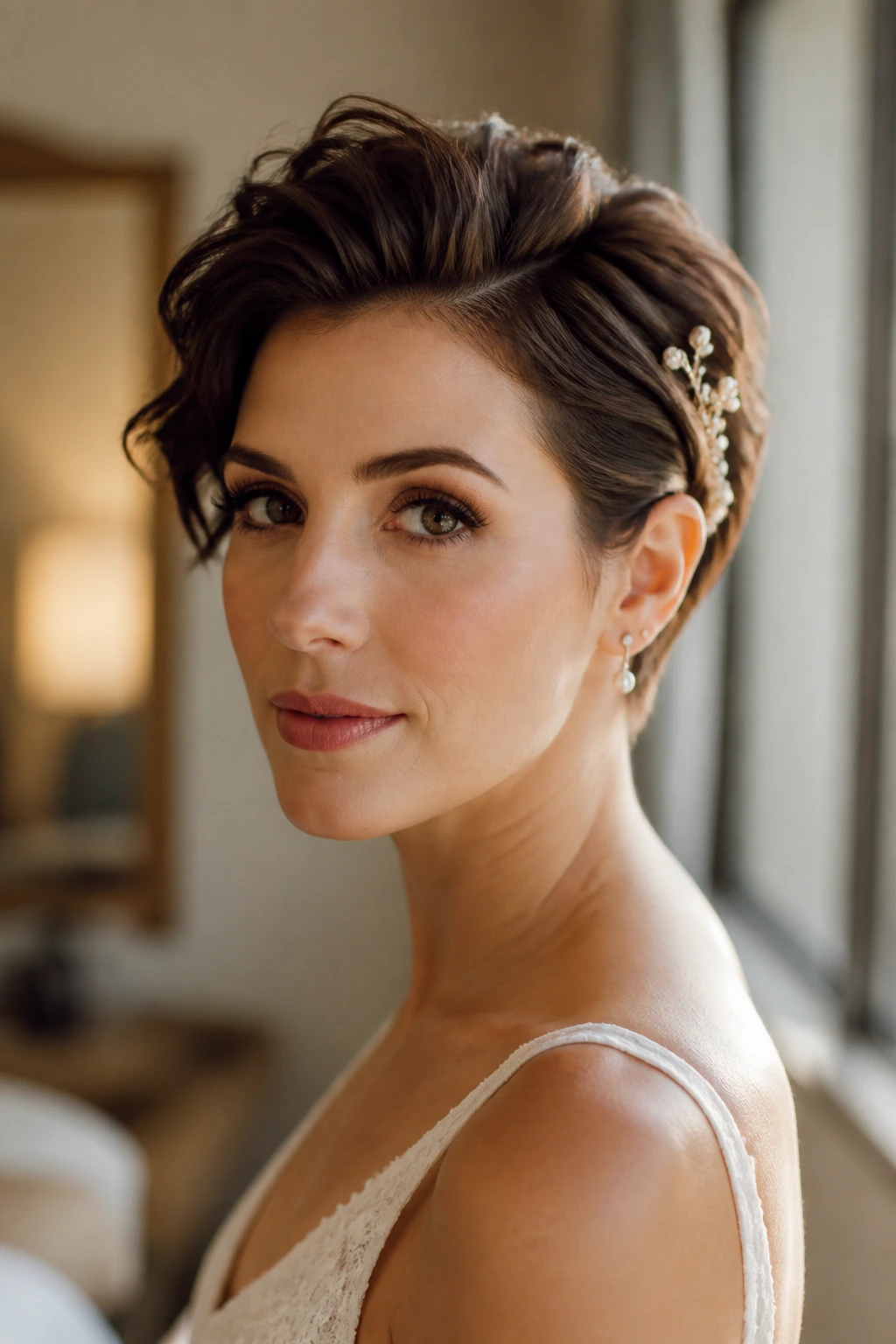 Close-up of a real bride with short hair styled in an airy crown and side part in a bridal suite