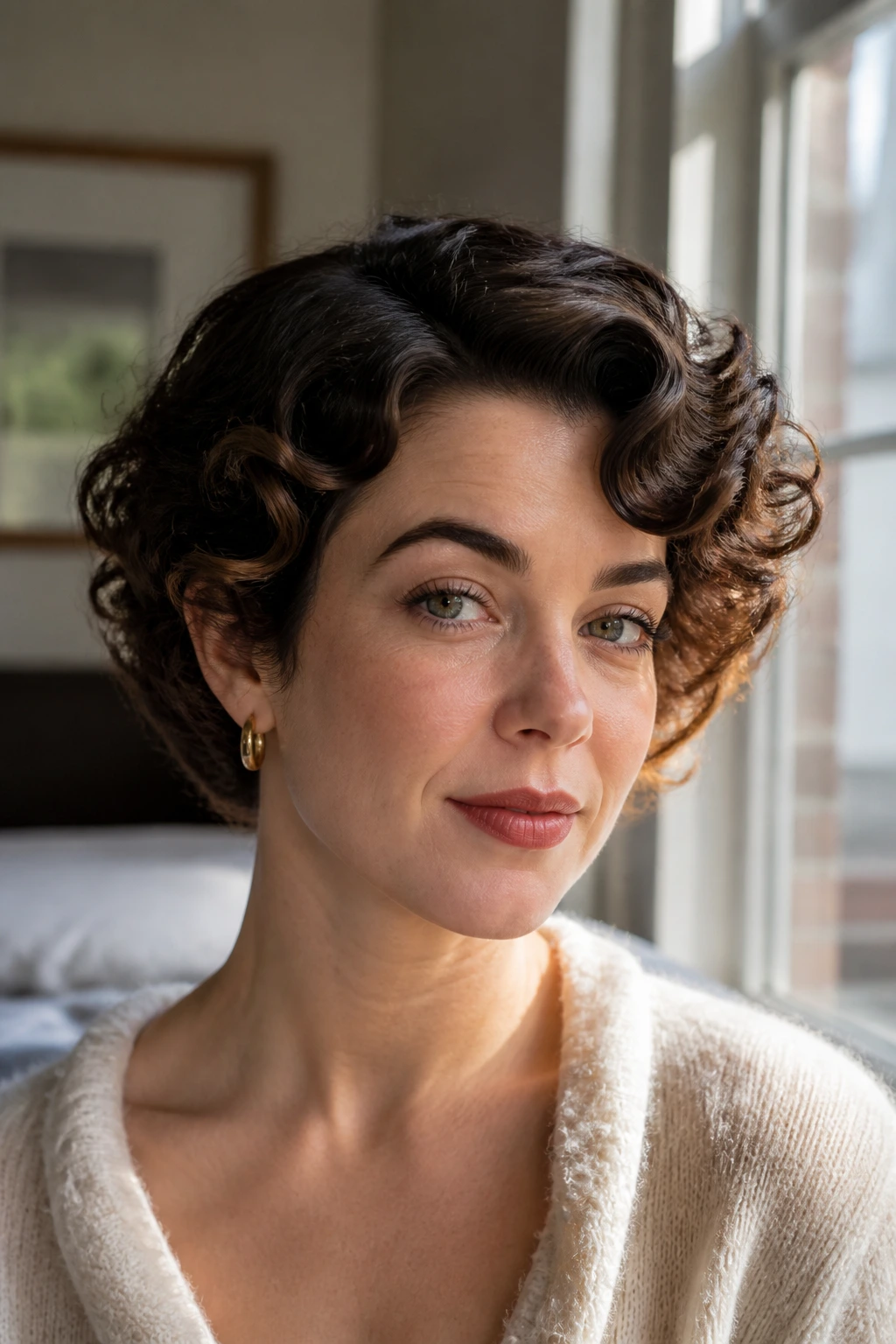 Close-up portrait of a woman with short vintage curls near a sunlit window