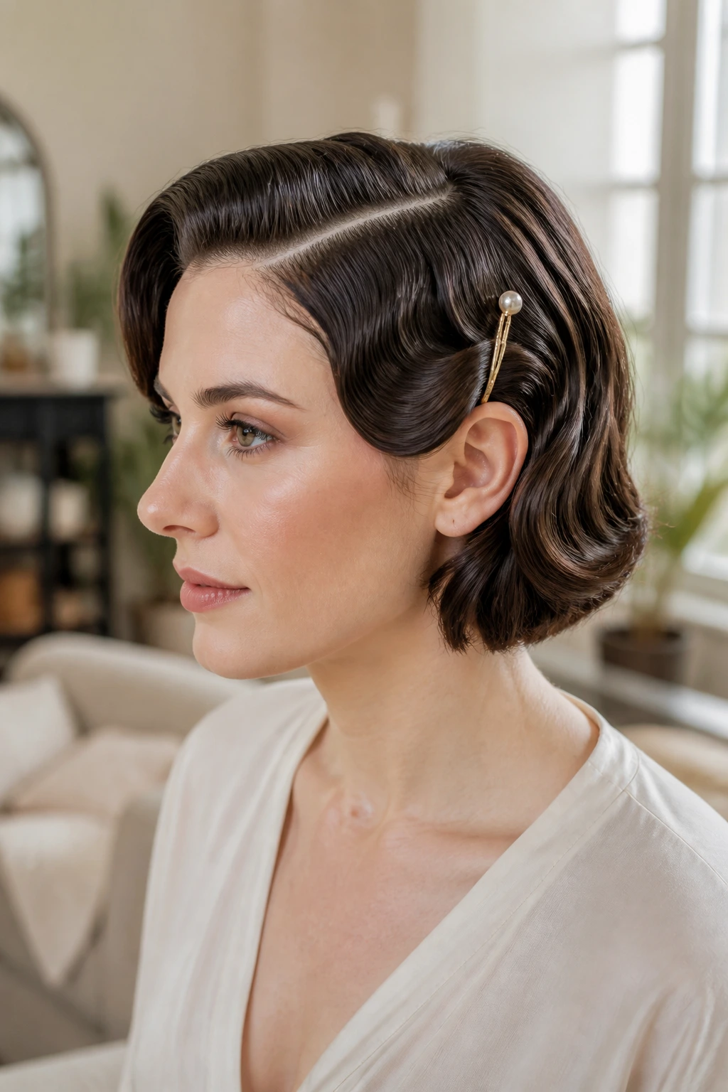 Short-haired bridesmaid with pin waves and side pin hairstyle