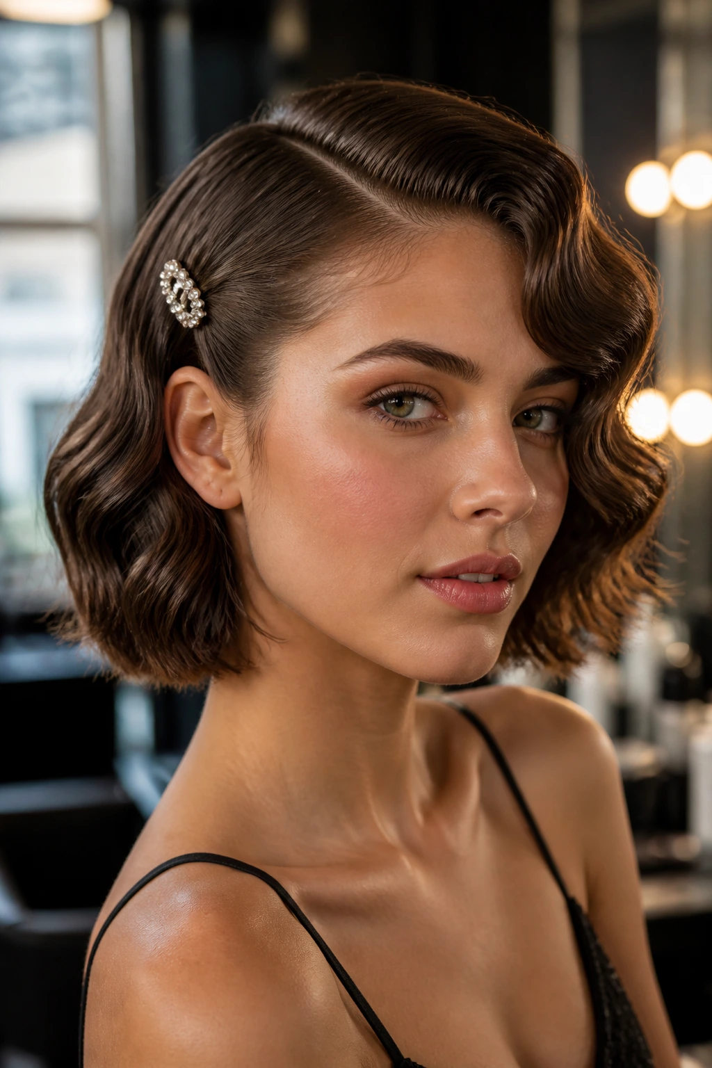 Close-up of a real woman with sculpted short waves and a deep side part.