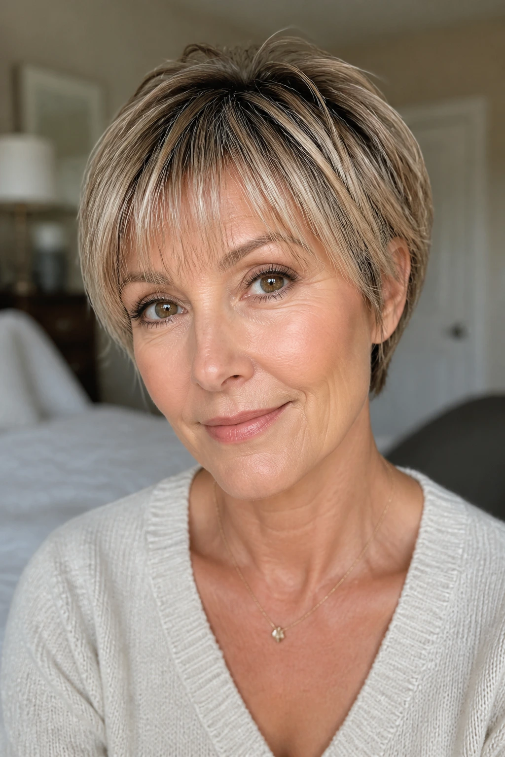 Close-up portrait of a real woman with short hair and wispy bangs in a softly lit bedroom