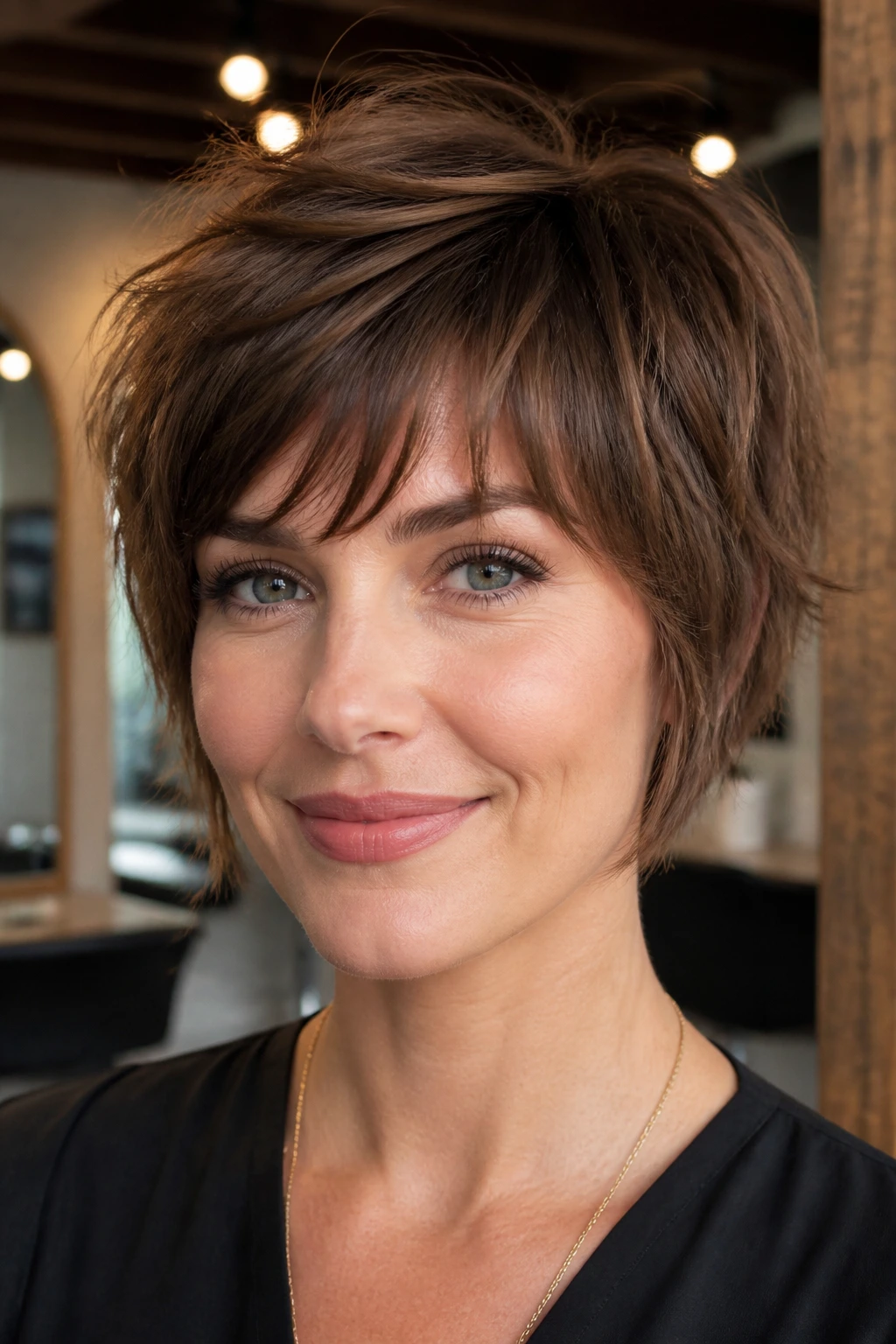 Real person with airy short haircut and wispy bangs in a salon