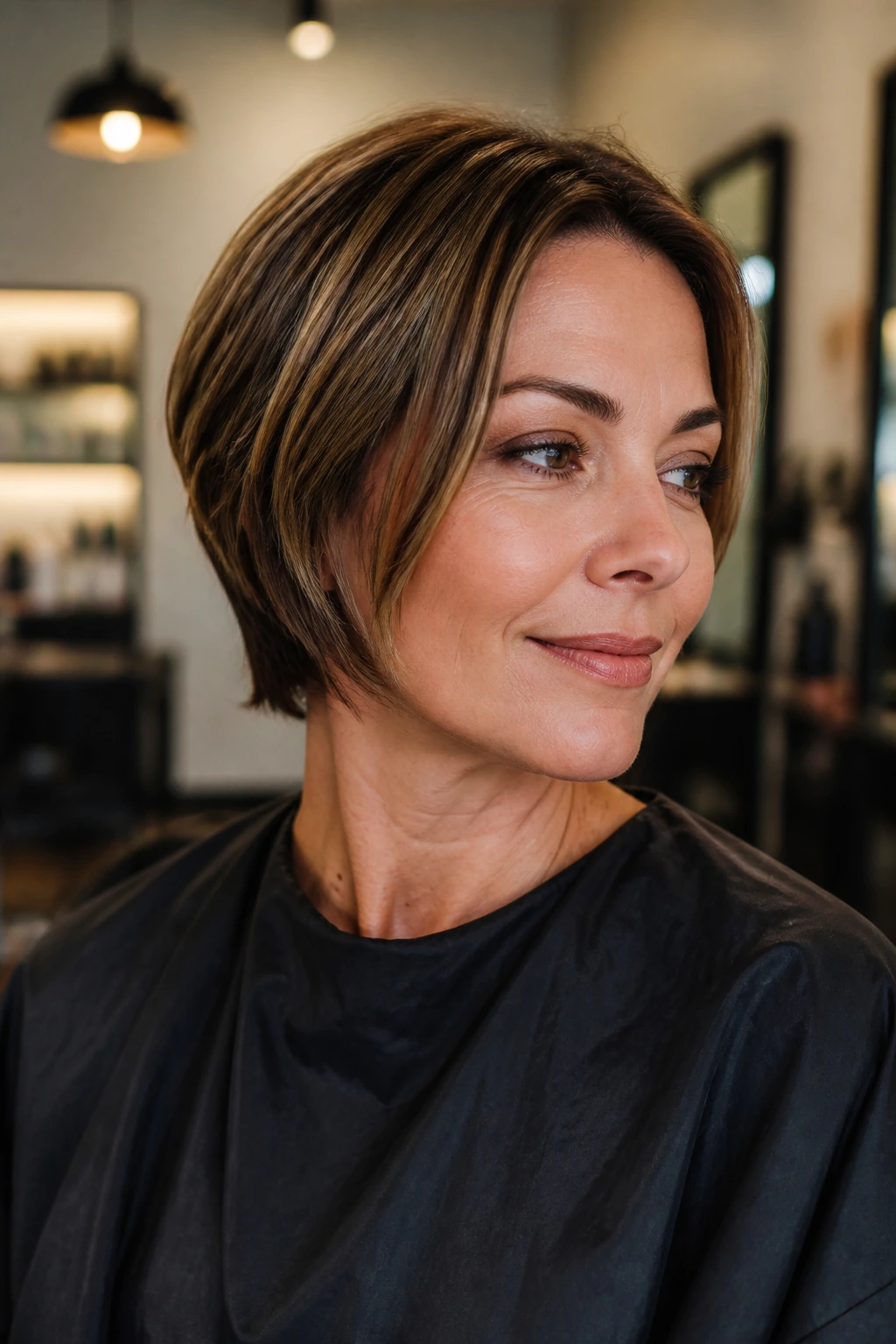 Portrait of a woman with jaw-length short haircut showing hairline and profile
