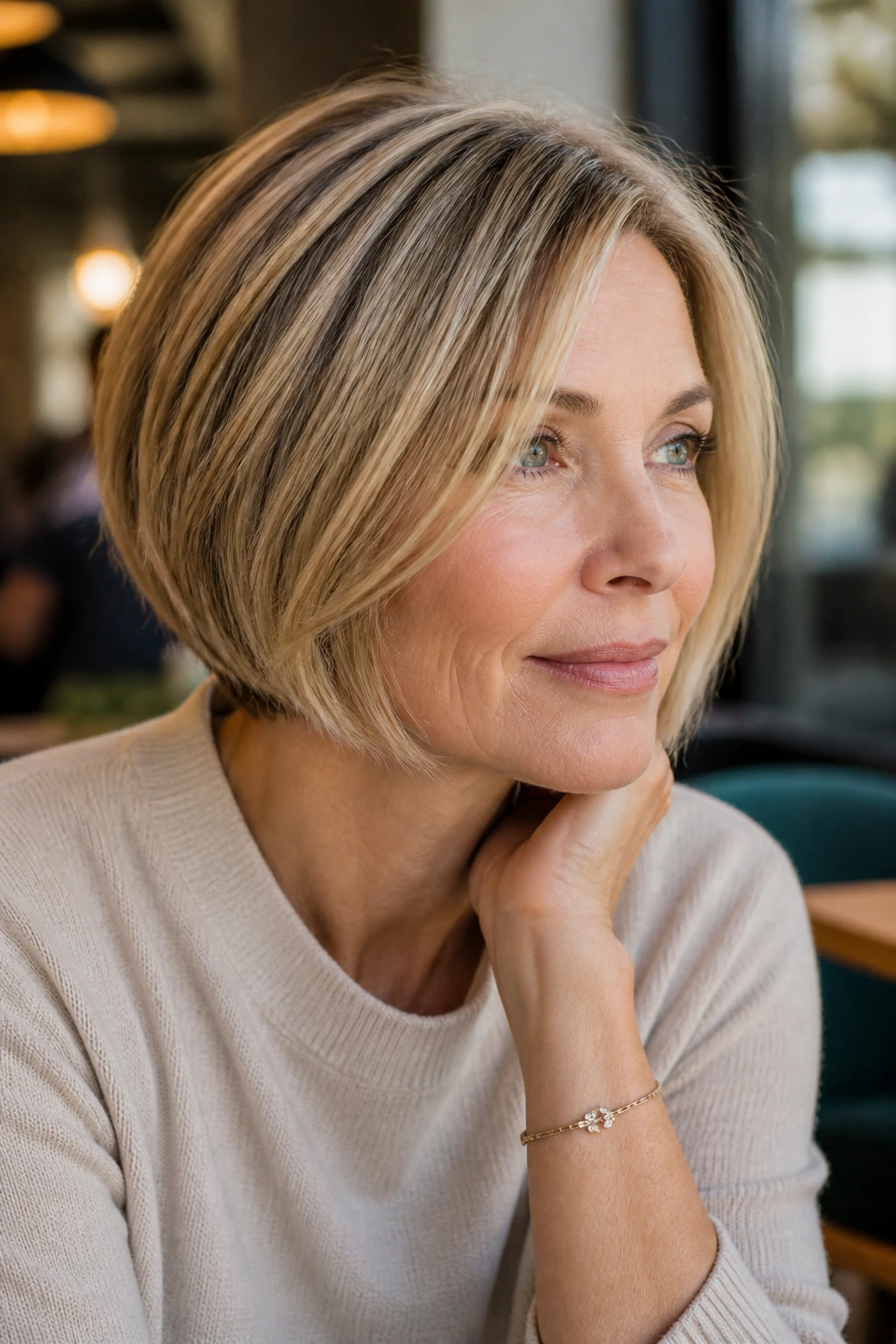 Portrait of a real woman with a chin-length bob with babylights and root shadow in warm cafe lighting