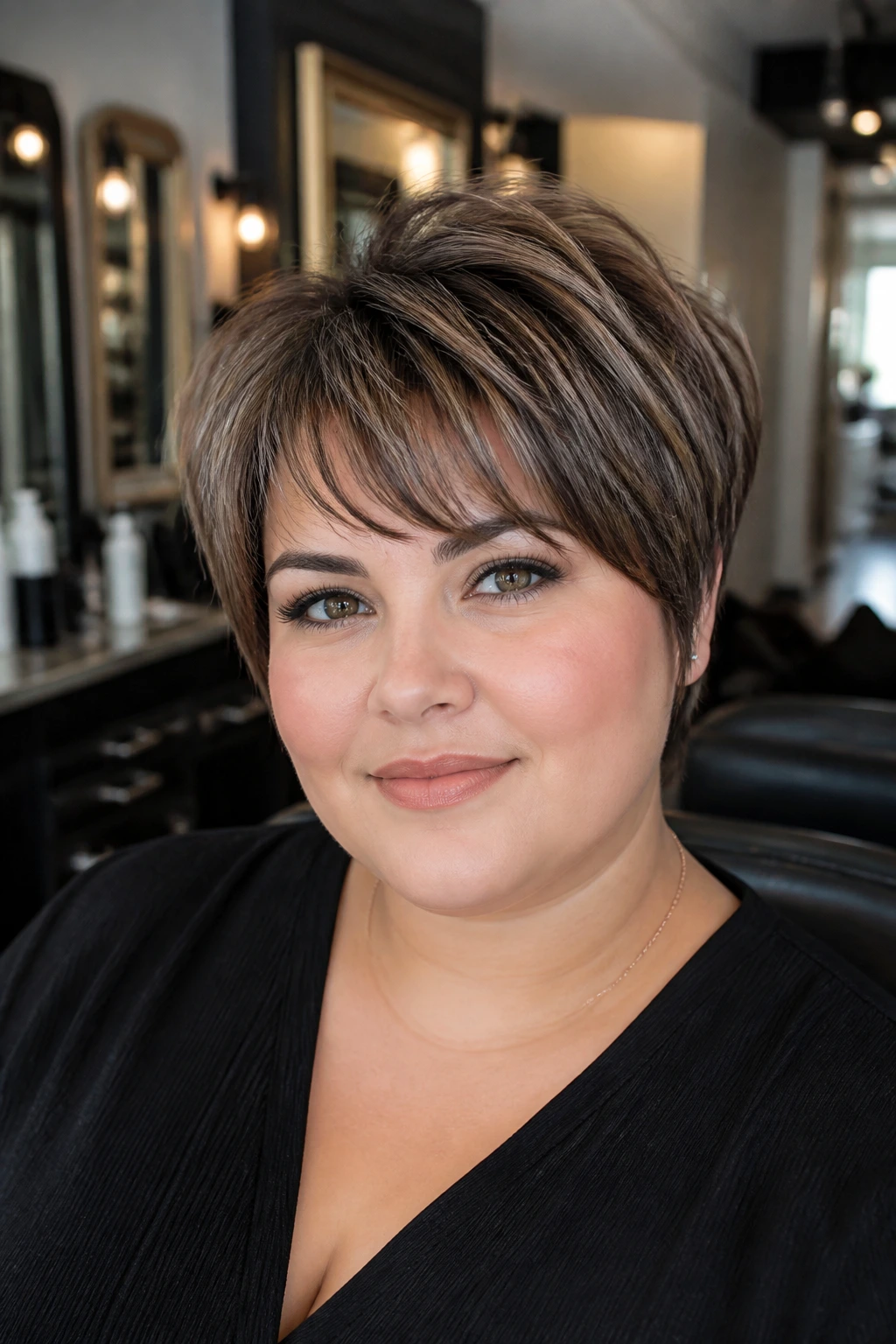 Portrait of a real person in a salon chair with a short layered cut showing the right shape.