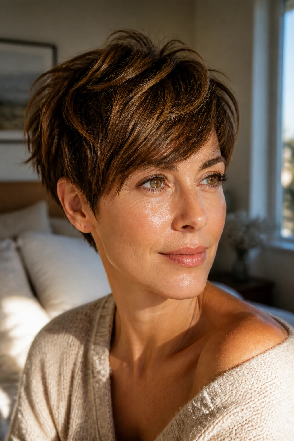 Close-up portrait of a real woman with a sleek short haircut in morning light