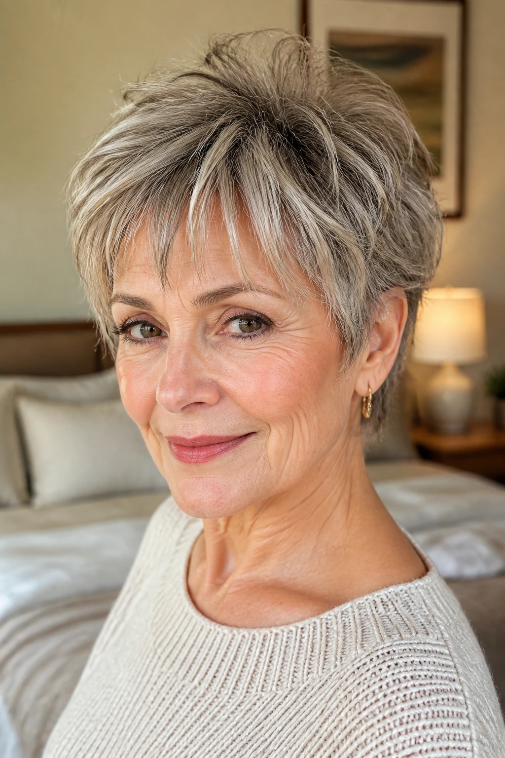 Close-up portrait of a woman over 60 with choppy crop and soft bangs by window light