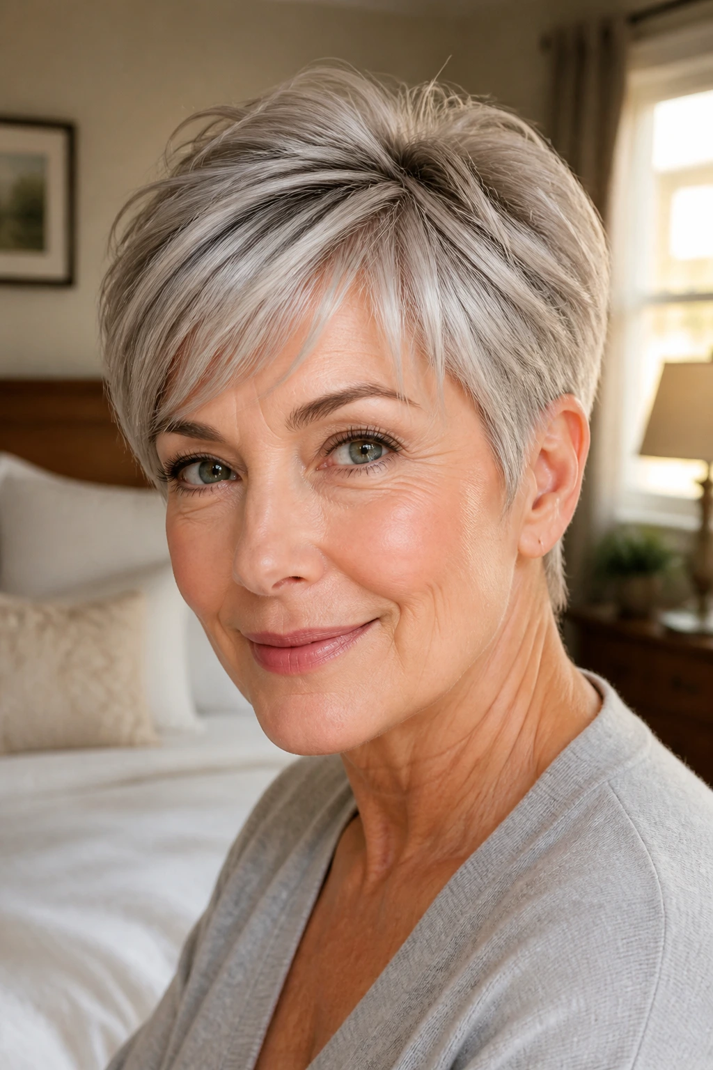 Close-up portrait of a woman with a chic short haircut emphasizing crown lift and clean neckline.