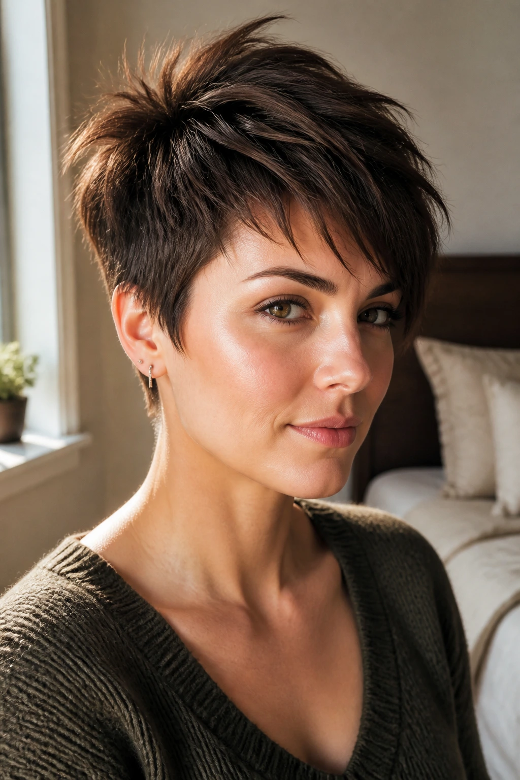 Close-up portrait of a real woman with crown-lift short choppy haircut and diagonal fringe