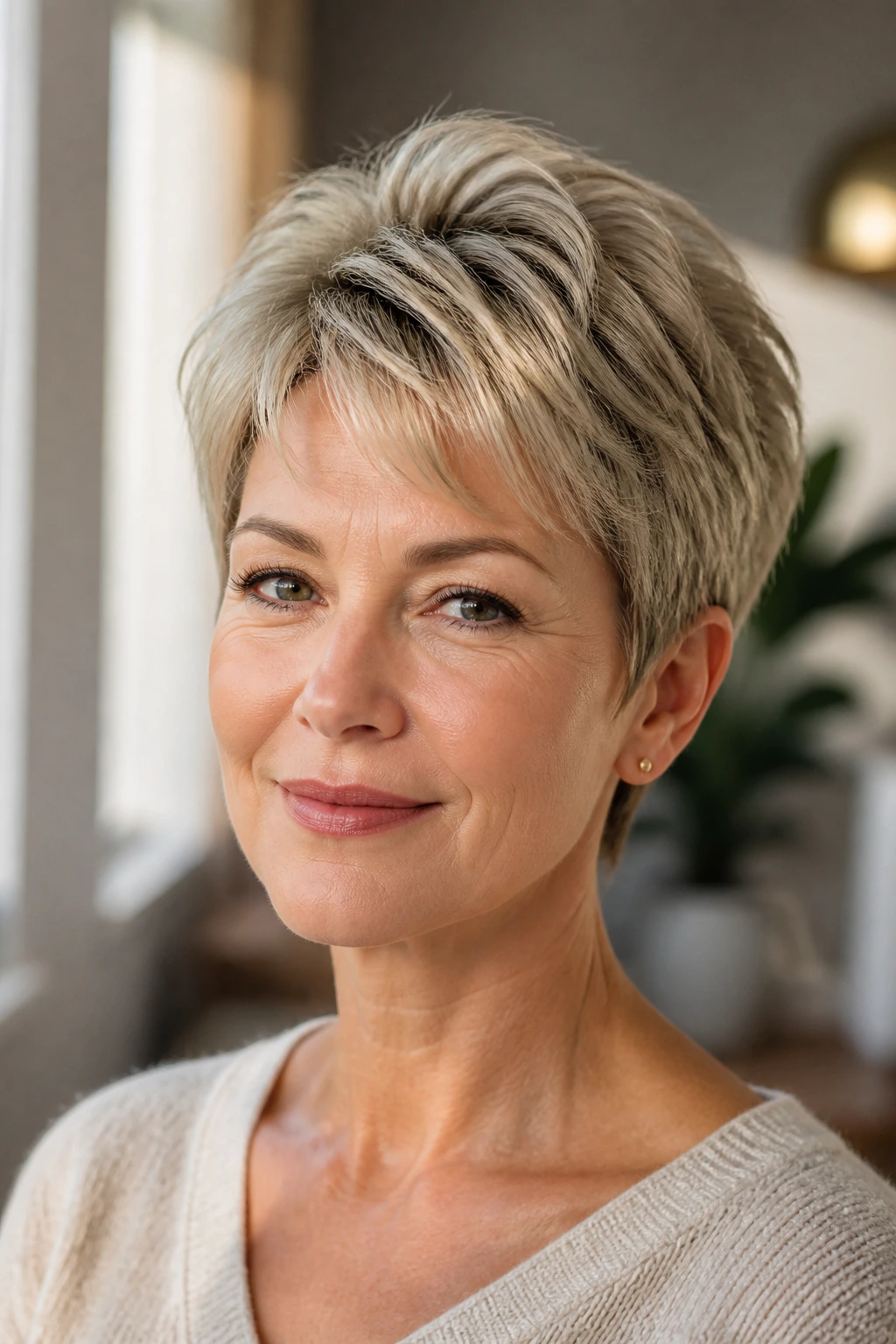 Close-up portrait of a person with a crisp short haircut holding shape on fine hair