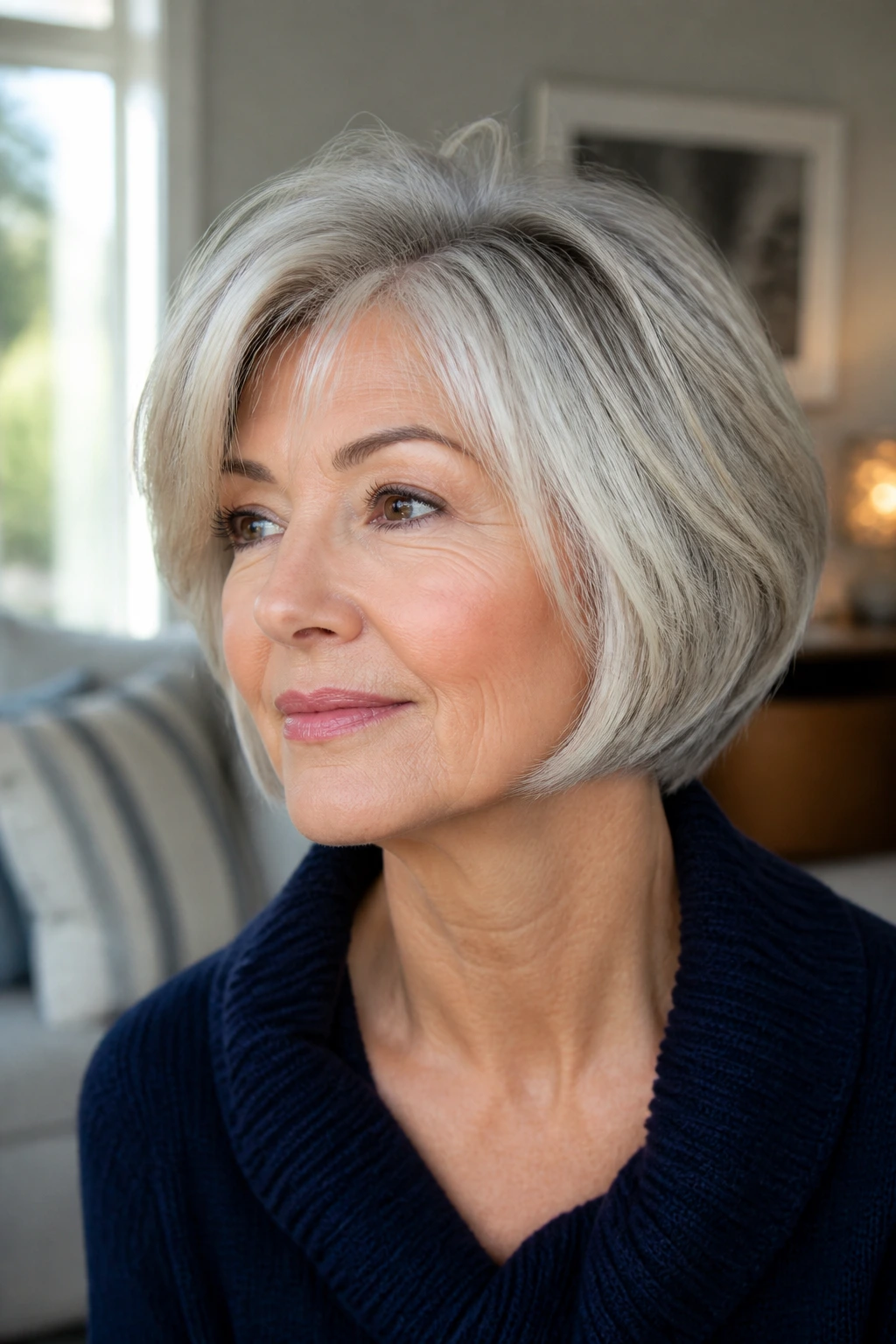 Close-up portrait of a real woman with a textured short haircut that adds fullness to the hairline