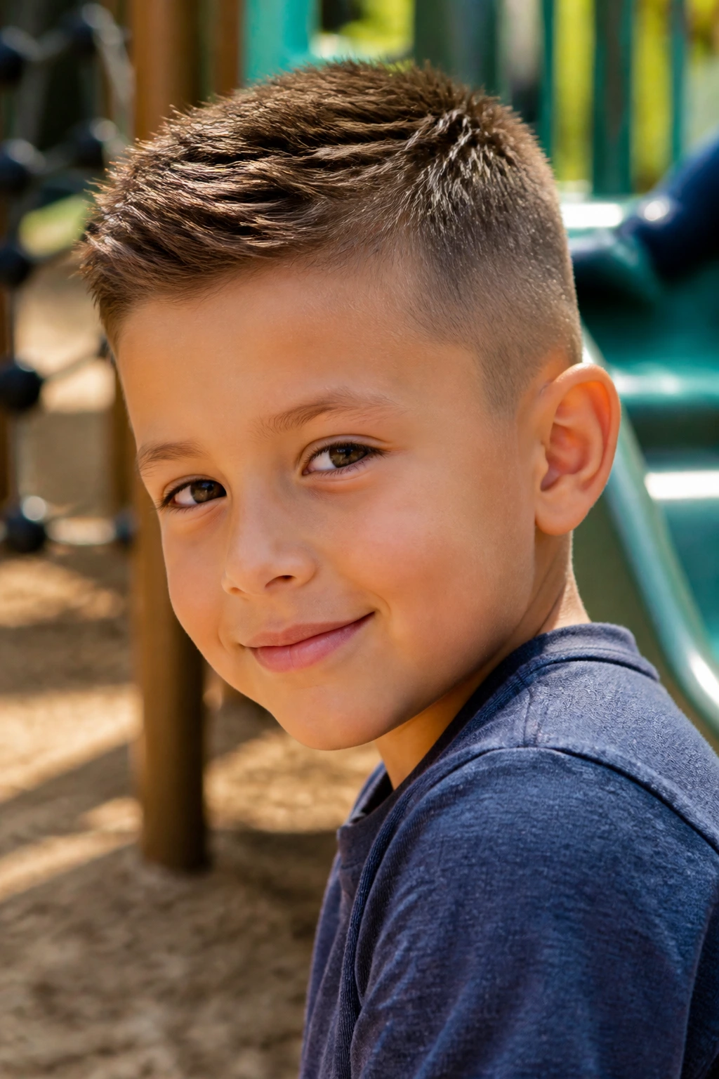 Real boy sporting a practical short haircut outdoors at a playground