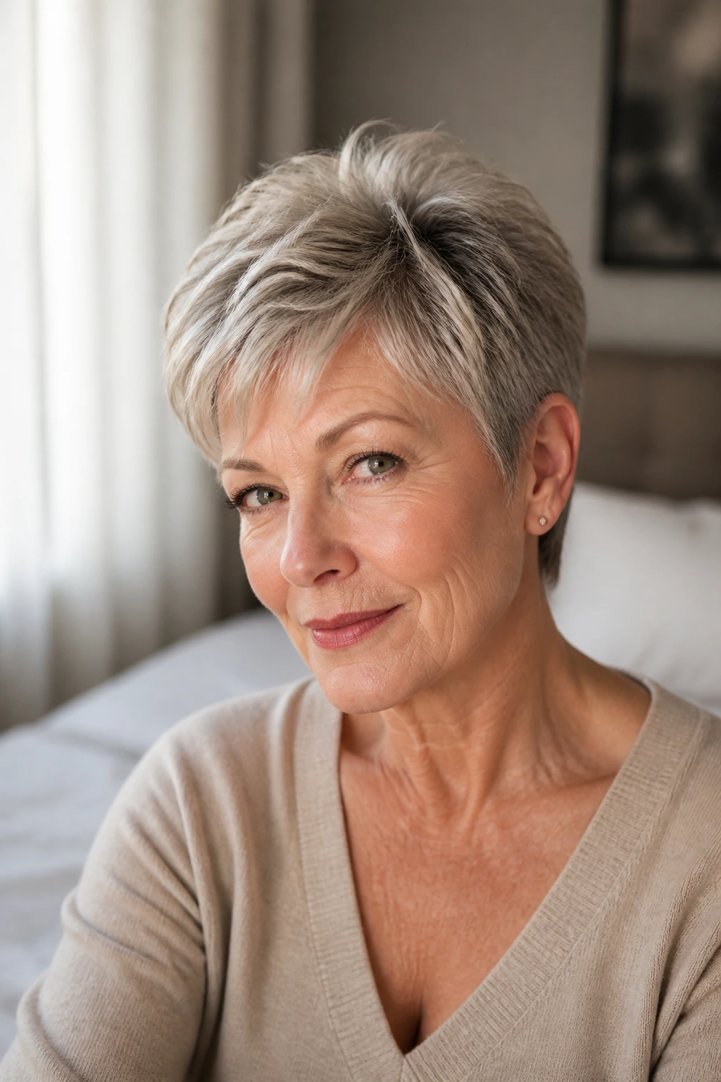 Close-up portrait of a real woman with a short haircut showing lift at the crown in natural light