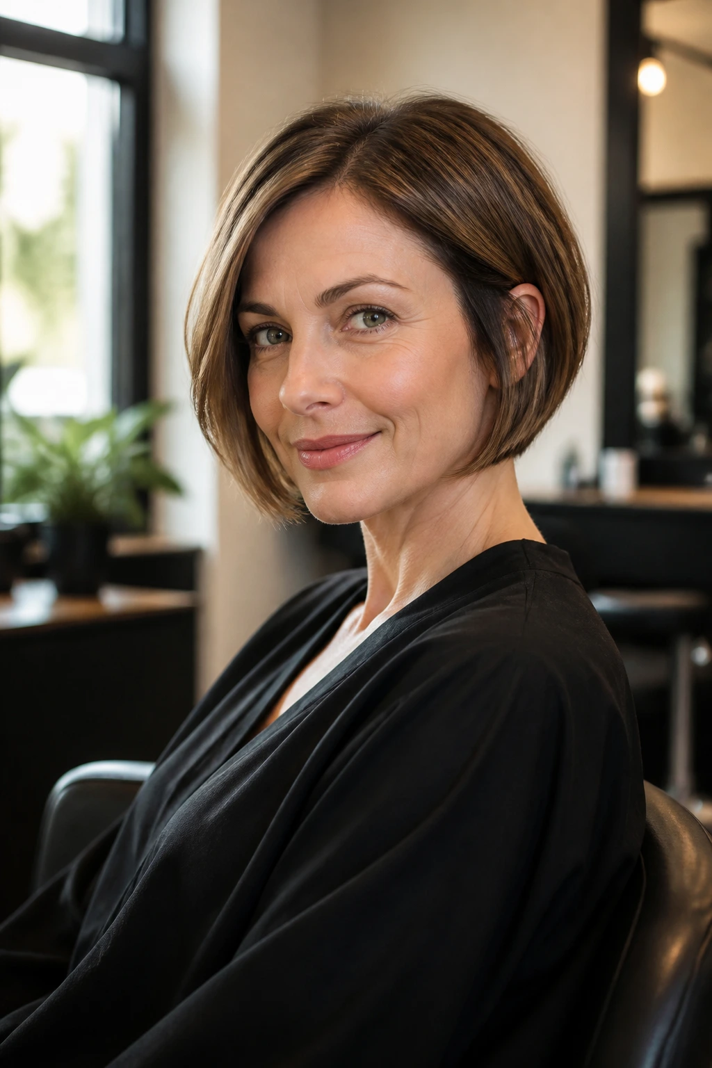 Portrait of a real woman with a tidy short bob illustrating maintenance timing in a salon.