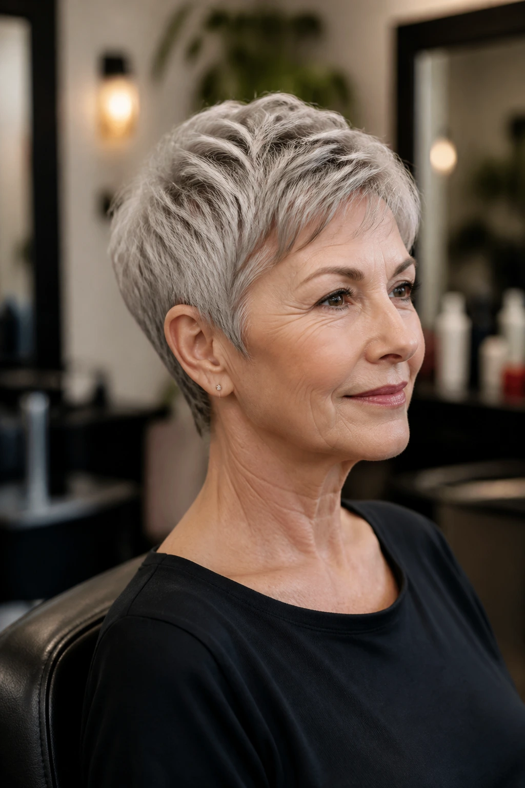 Close-up portrait of a real woman with a crisp short haircut in a salon setting.