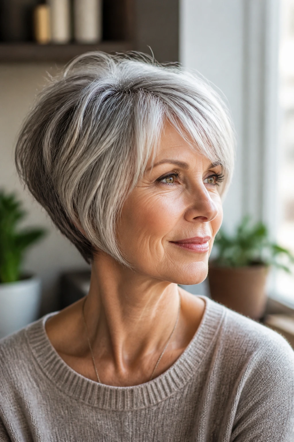 Close-up portrait of an older woman with a crisp short haircut demonstrating practicality