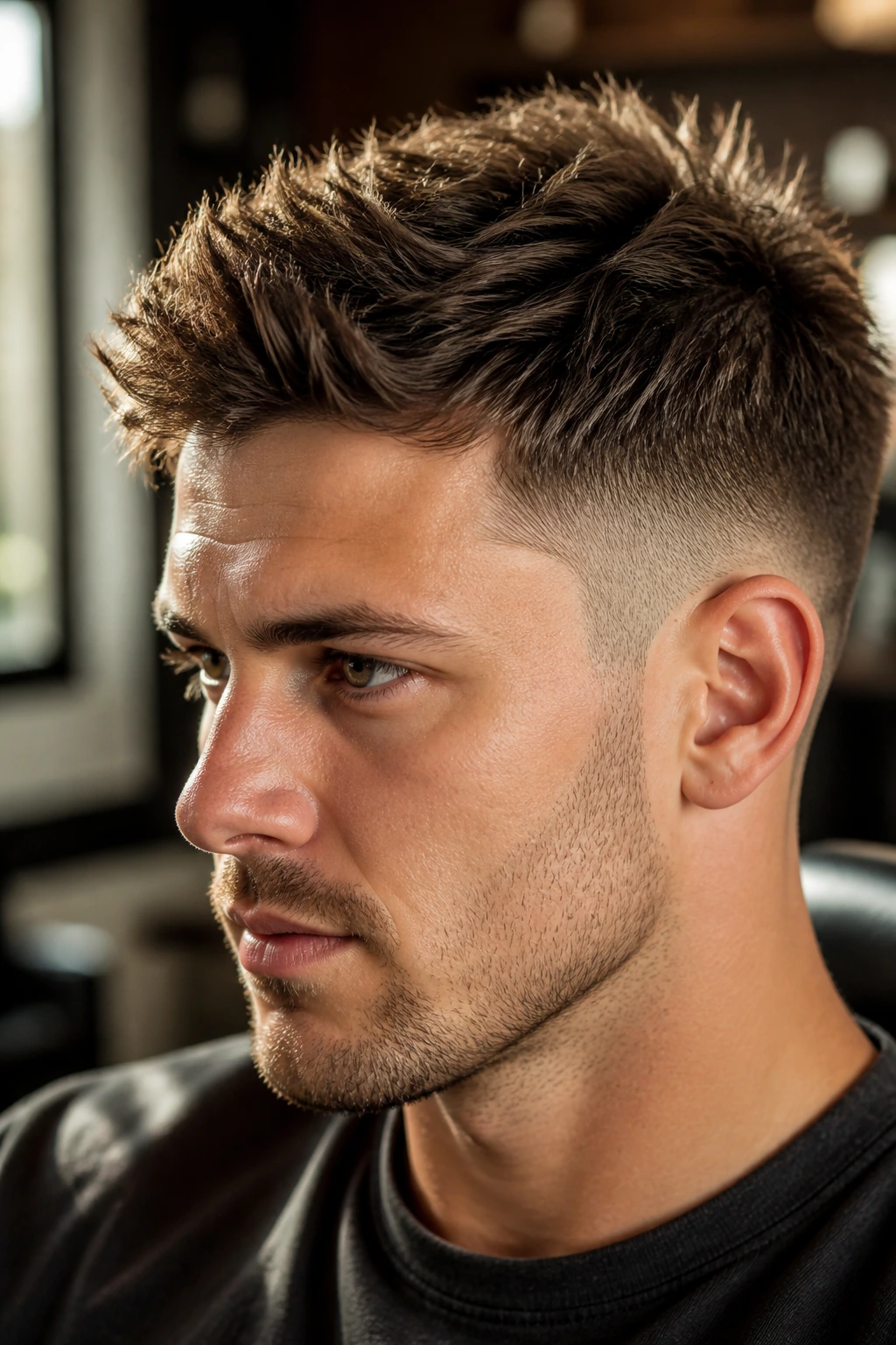 Close-up portrait of a man with a textured short haircut in warm natural light