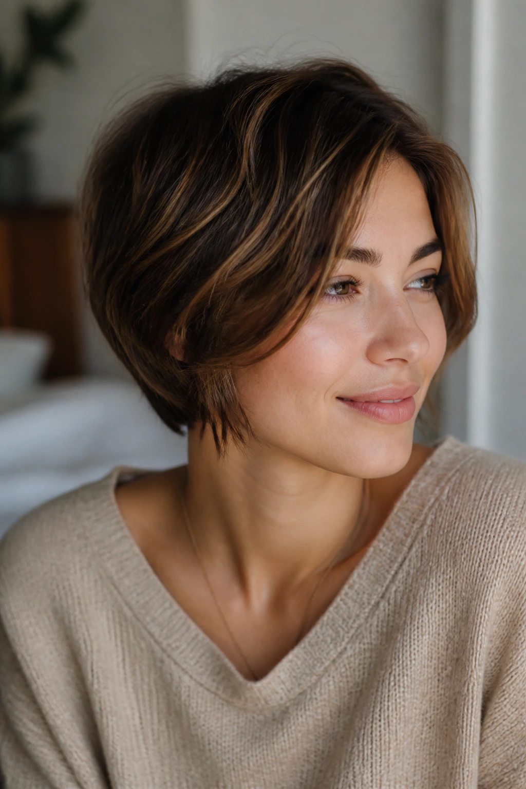 Close-up portrait of a real person with a flattering short haircut framing the face