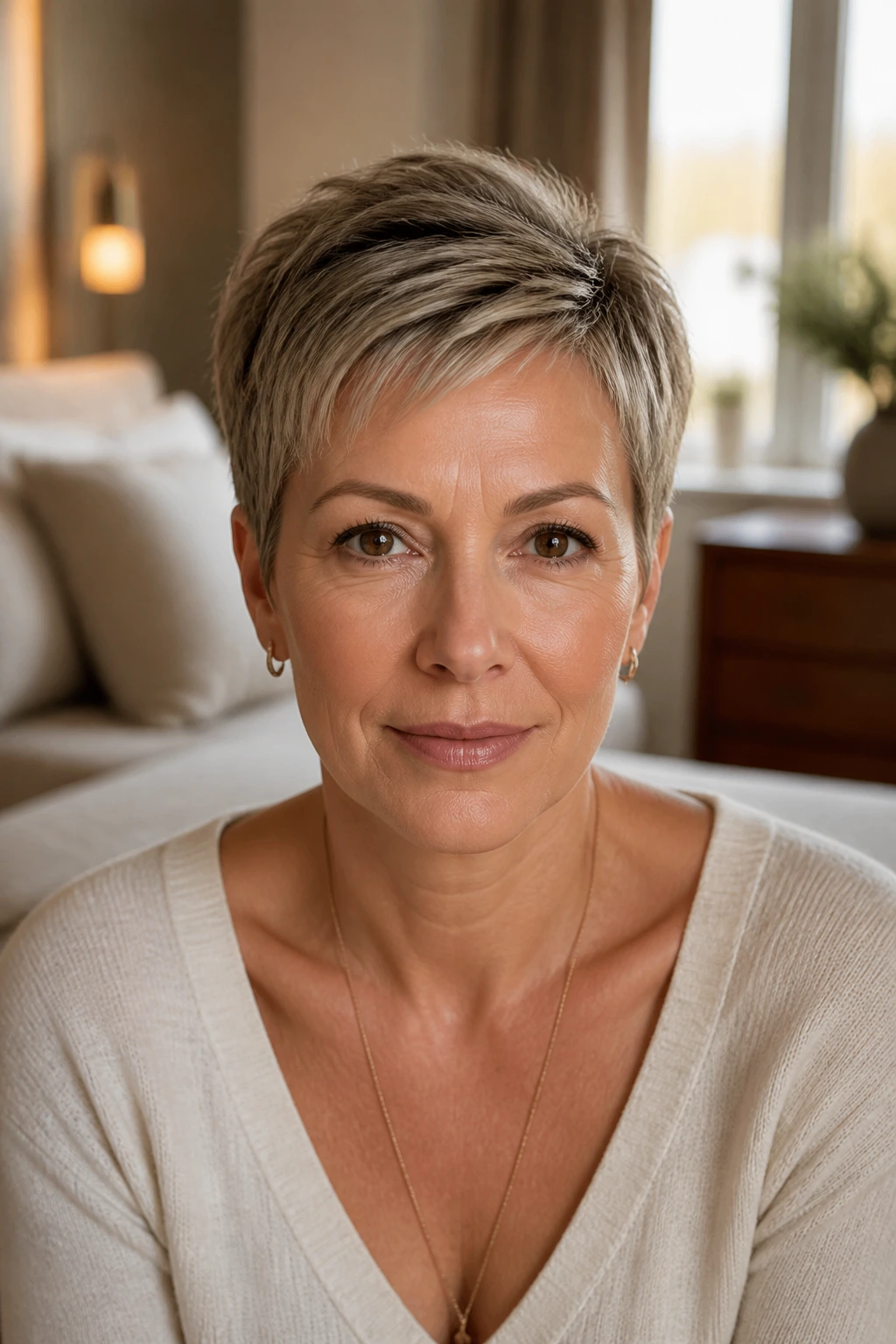 Close-up portrait of a real woman with a short haircut showing outline and weight balance