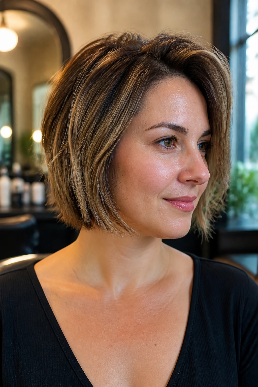 Close-up portrait of a real woman with a short layered cut skimming the jaw, crown lift, and slim sides.