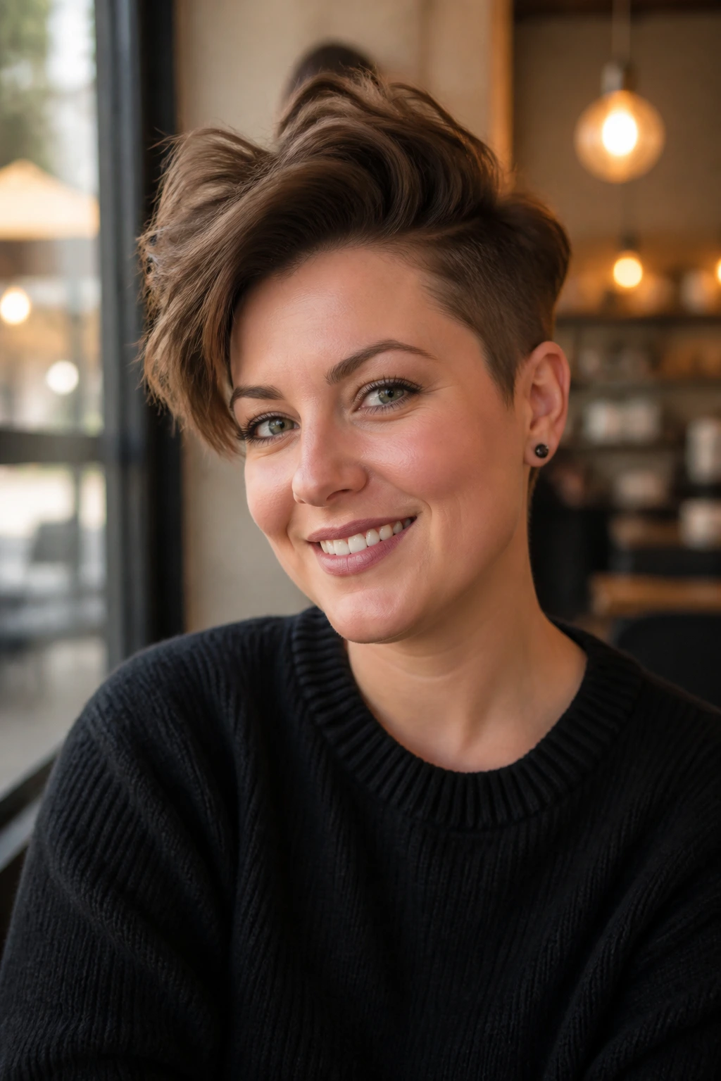 Close-up portrait of a real woman with a flattering short haircut for a round face, crown lift and angled sides
