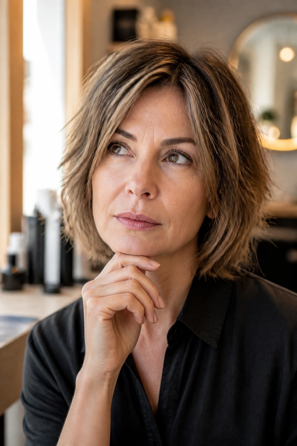Close-up portrait of a real woman contemplating a short haircut in a warm salon light