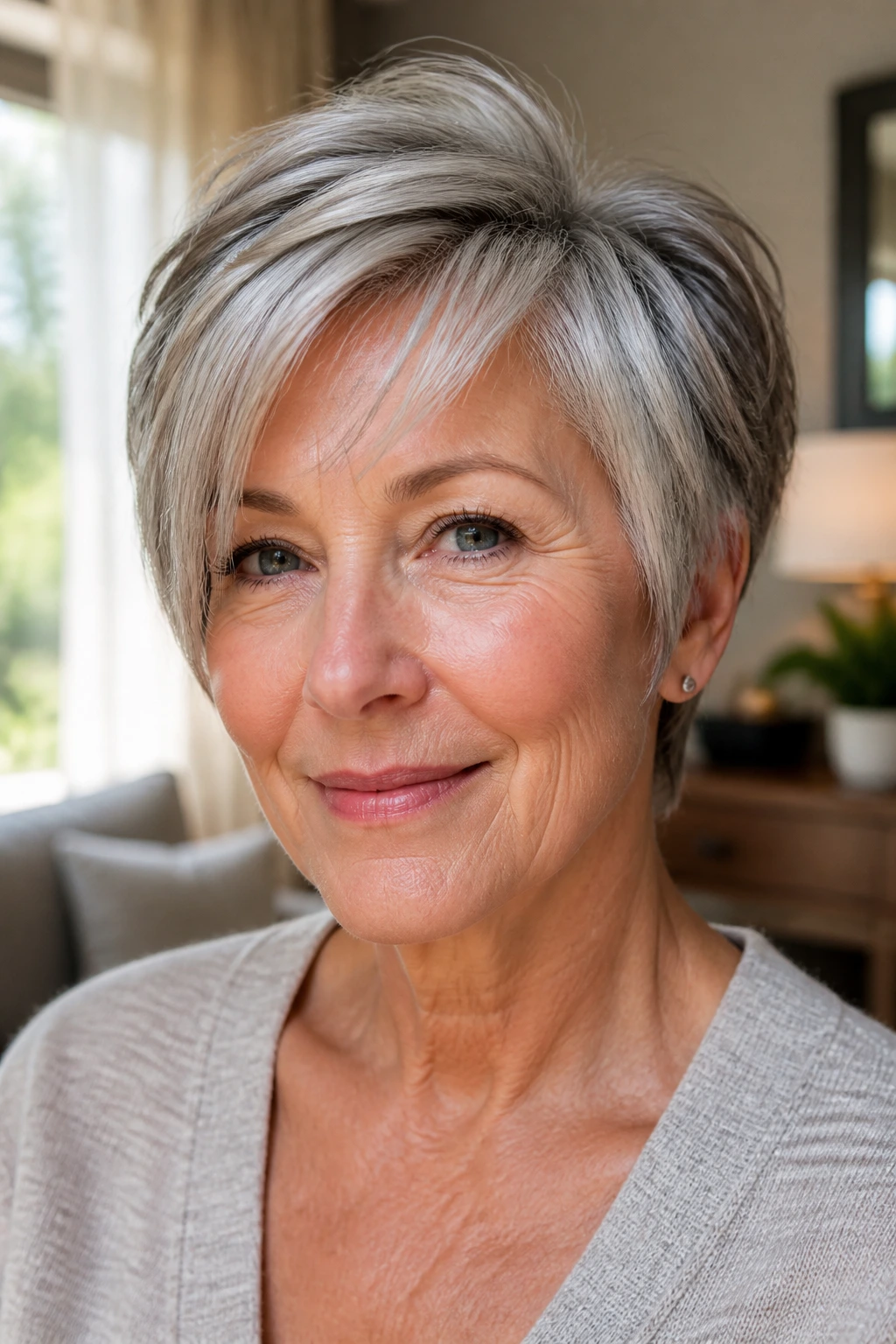Close-up of an older woman with a short, face-framing haircut that lifts the eyes.