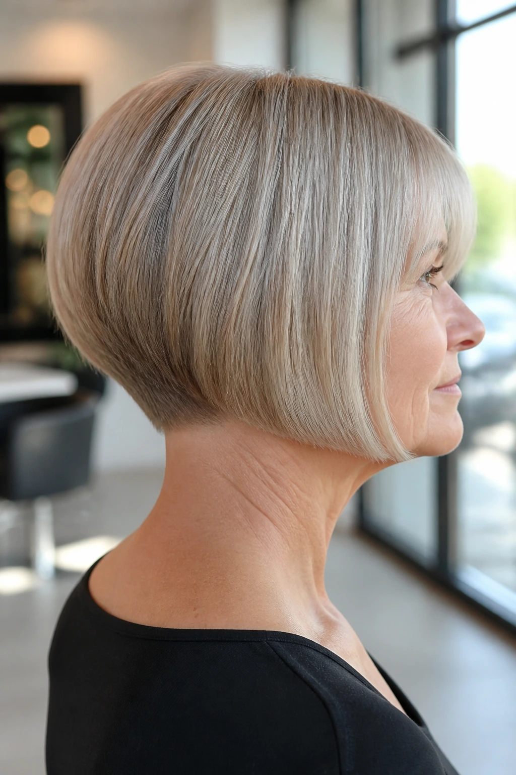 Portrait of real woman with short inverted bob high nape