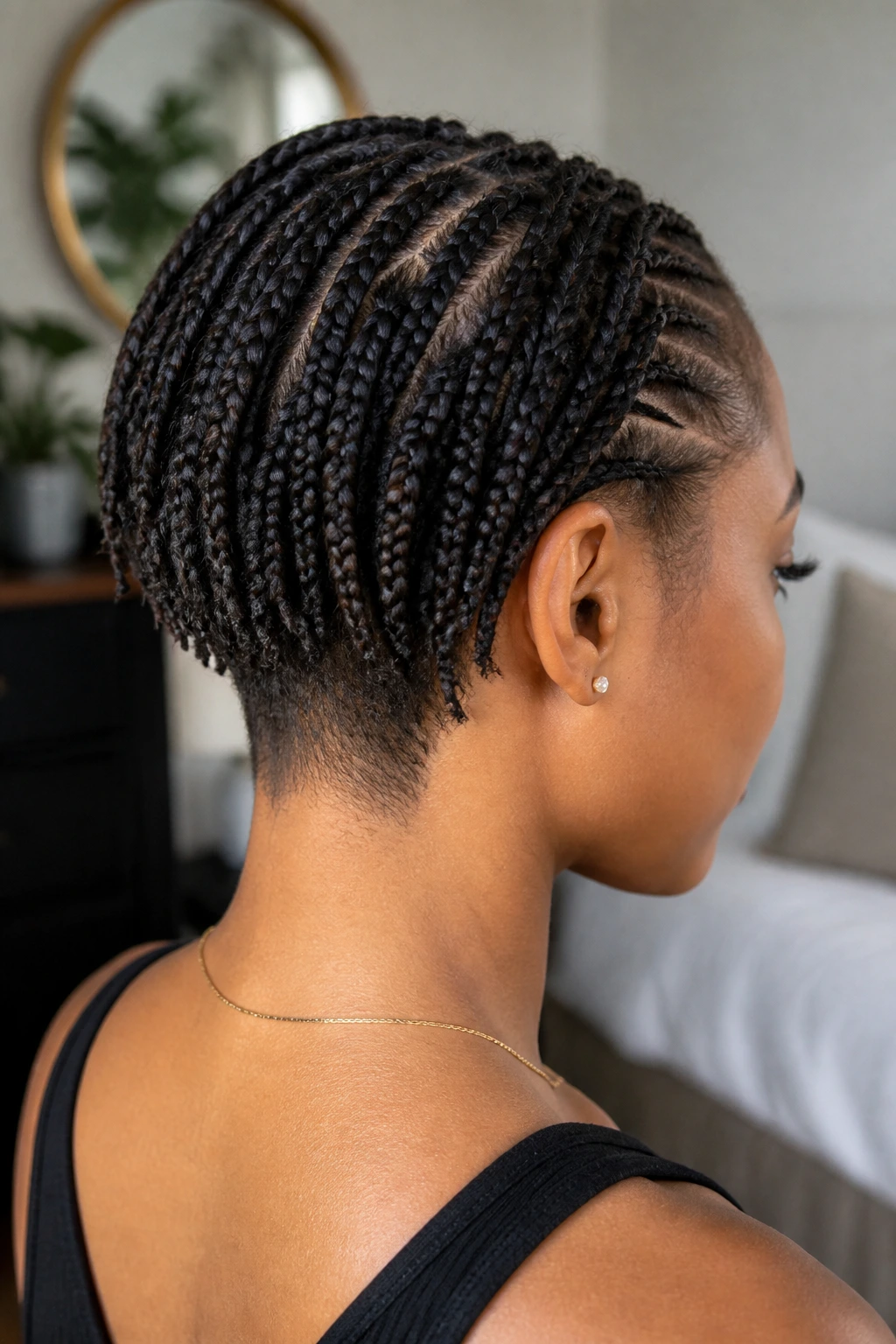 Close-up of short knotless braids with tapered nape on a real woman