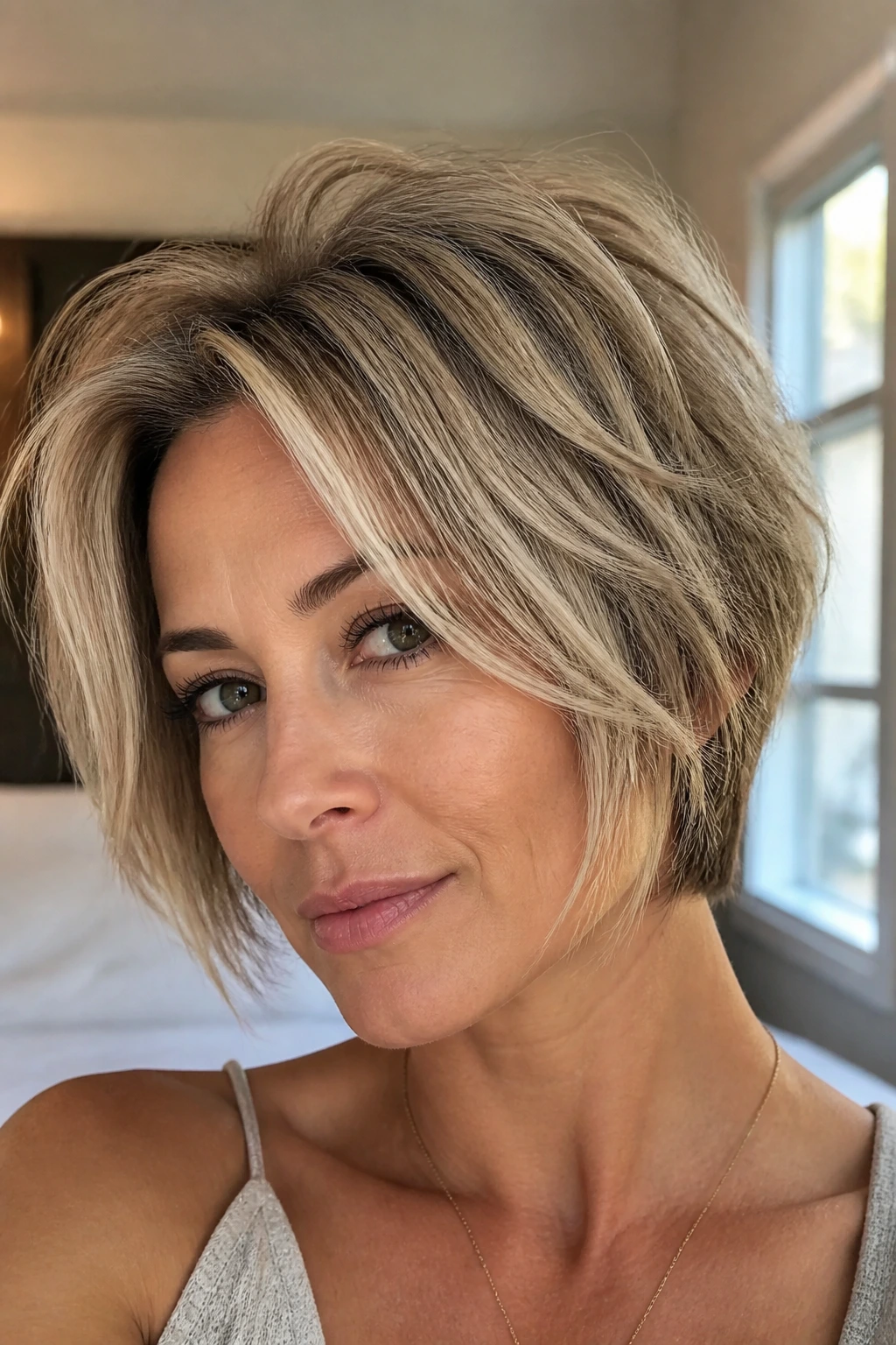 Close-up portrait of a real woman with a short layered bob showing crown lift and face-framing pieces