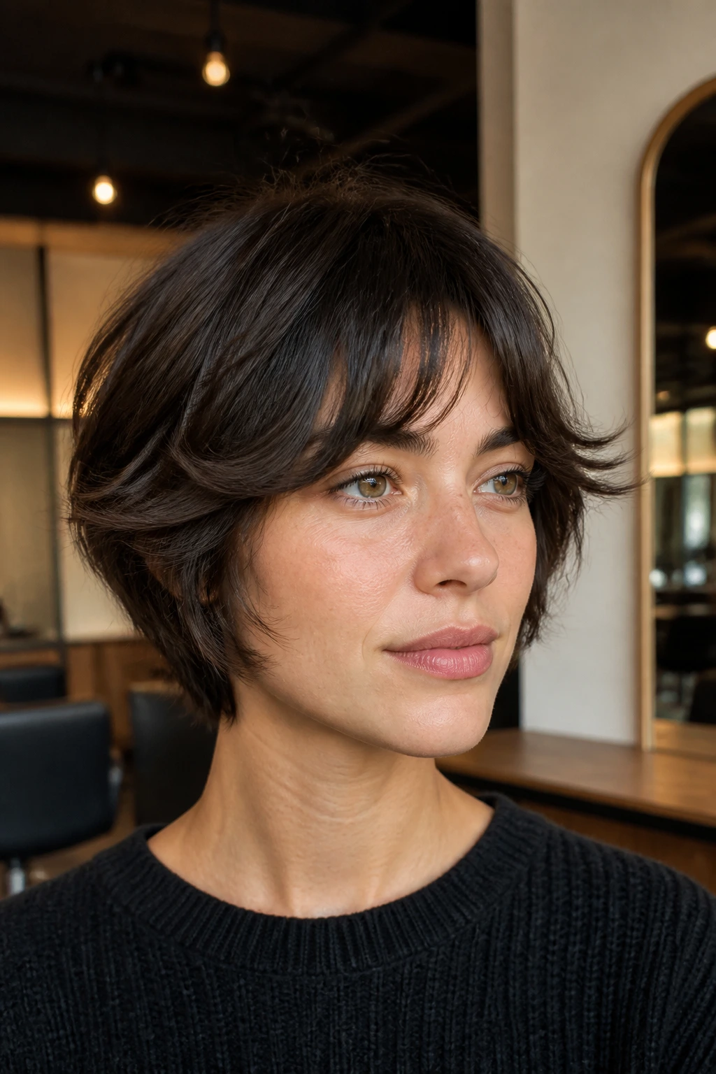 Close-up portrait of a real person with compact layered crop and flipped bangs