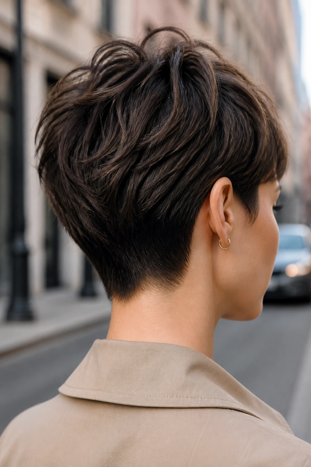 Rear three-quarter portrait of a real person with short layered crop showing nape detail