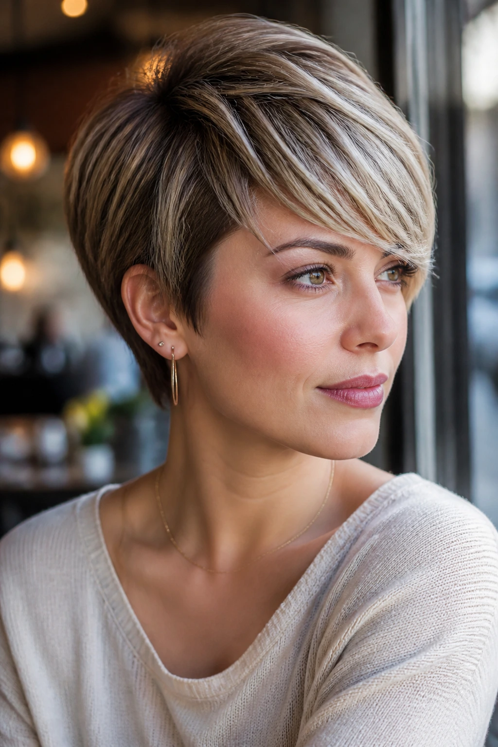 Real person with side-swept fringe short layered crop.