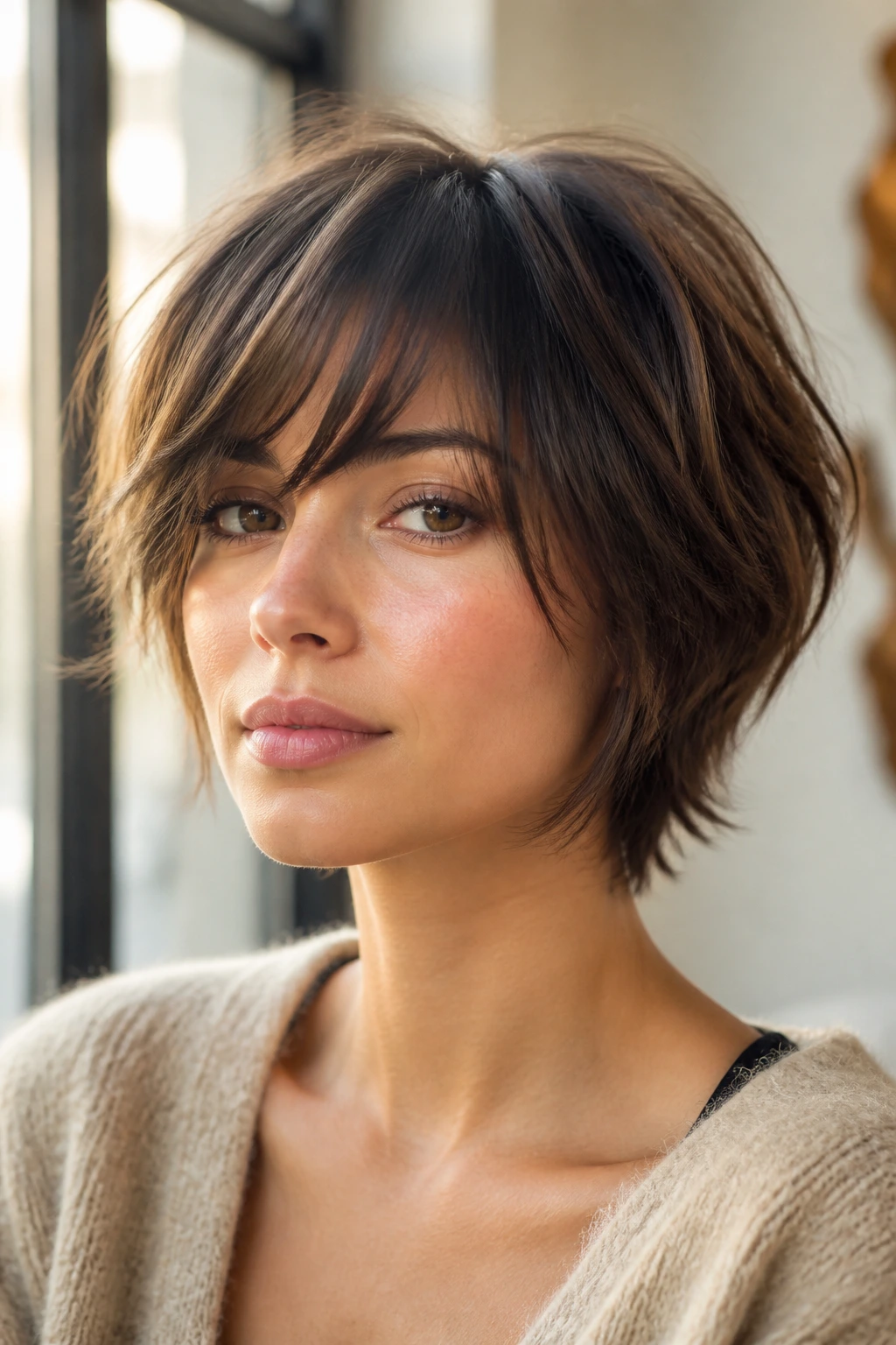 Close-up portrait of a real woman with a long fringe and layered sides