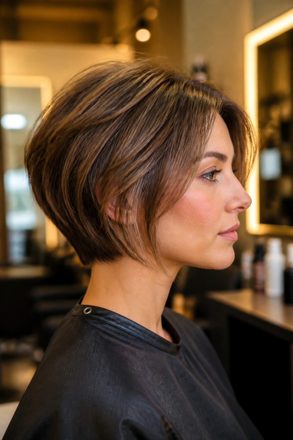 Profile view of a real person with a short layered cut in a warm salon setting
