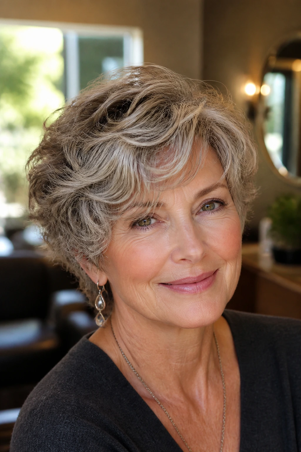 Close-up portrait of a real woman with a short layered wavy hairstyle