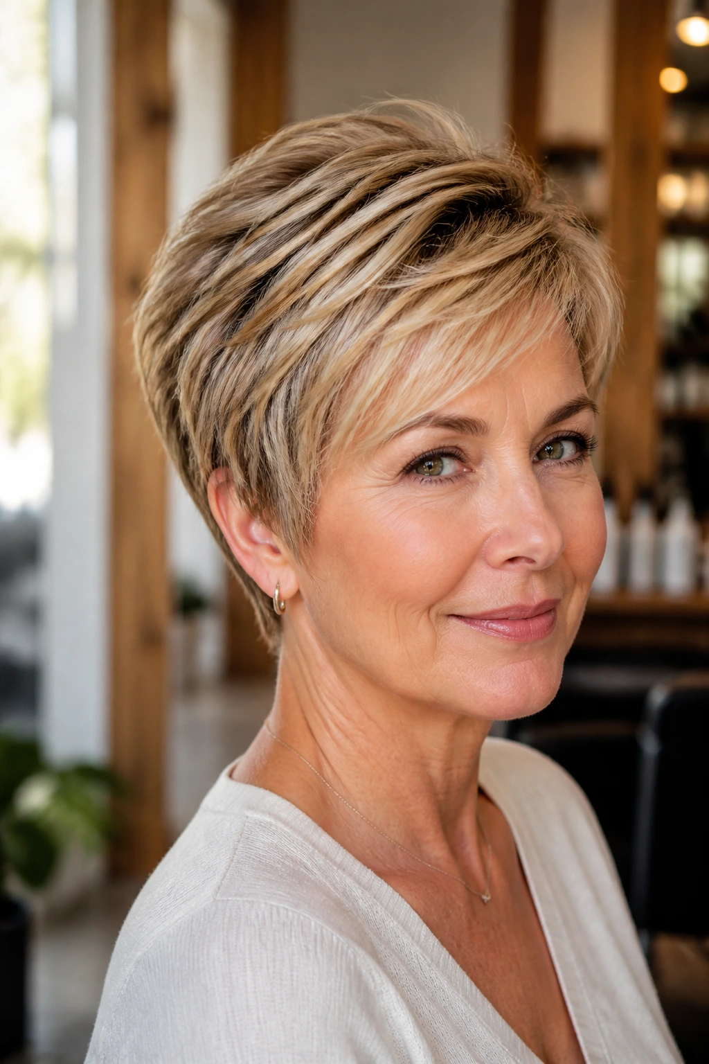 Close-up of real woman with short layered hair showing crown lift and framed sides in warm salon lighting