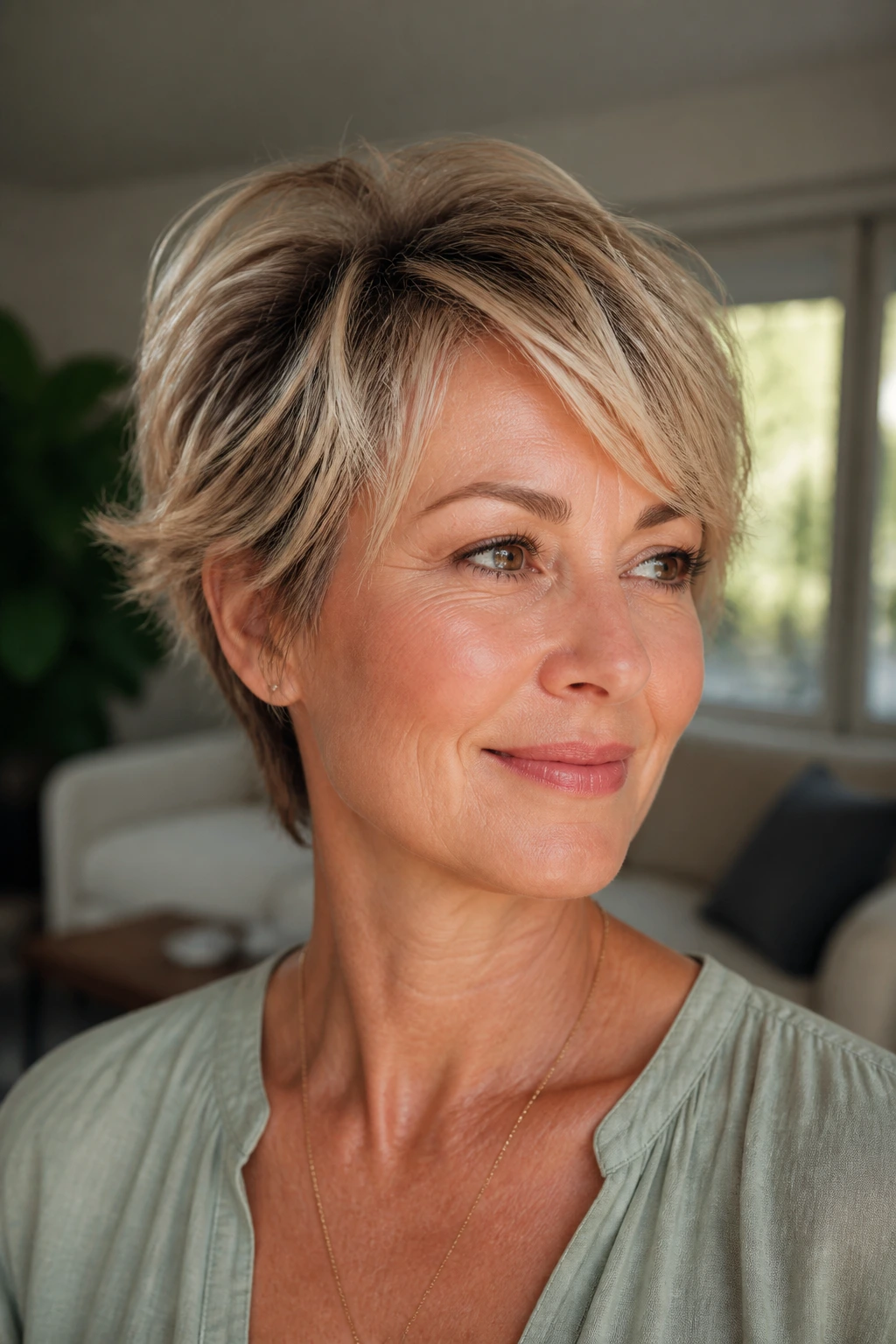 Close-up portrait of a woman with a short layered haircut lifting the crown