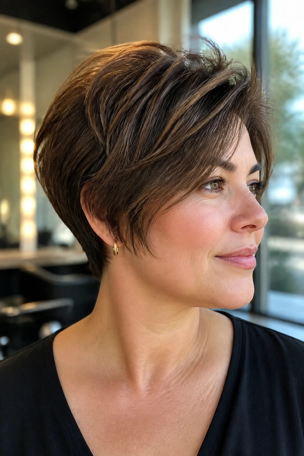Portrait of a real person with lifted crown short haircut, side profile